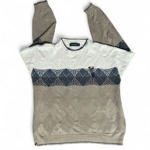 Caramel Tan and Blue Crewneck Sweater with Geometric Pattern